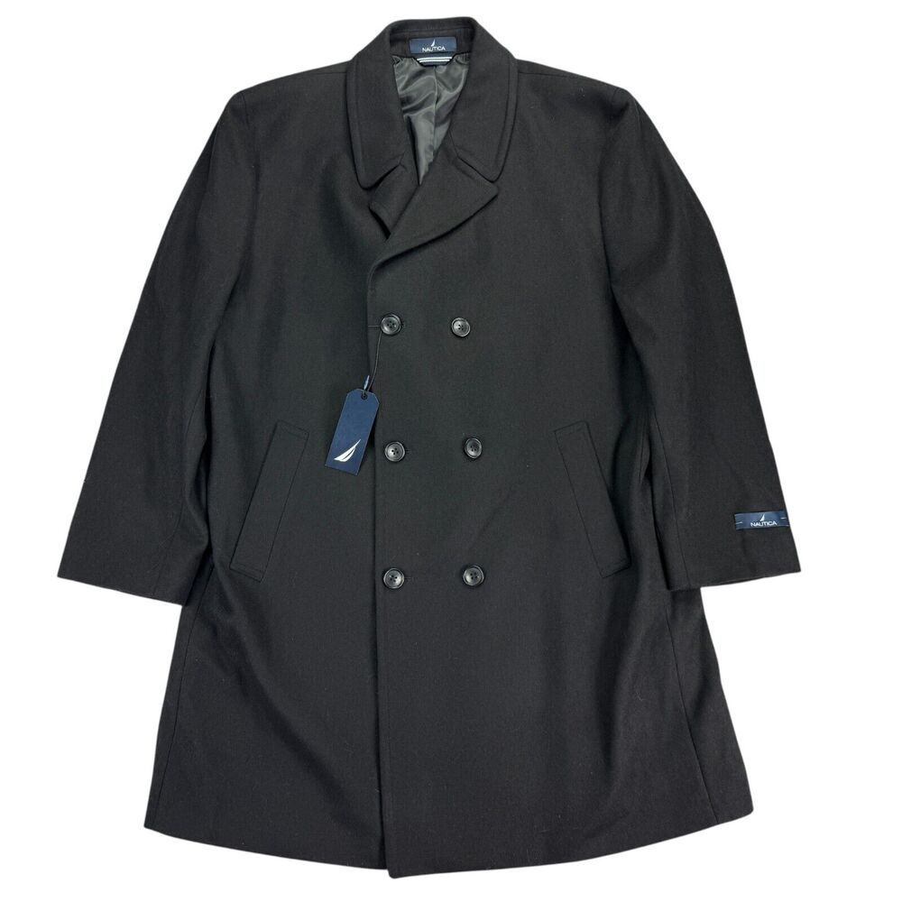 Nautica Mens Classic Fit Double-Breasted Wool Overcoat Black 48R